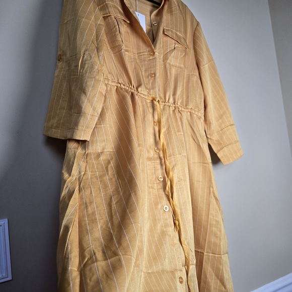 Golden Mustard 3/4 Sleeve Dress Cinch Waist Striped Midi - Picture 3 of 5